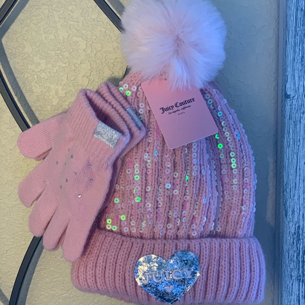 Juicy Couture Pink Sequin Beanie and Glove Set